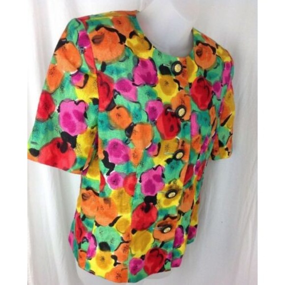 Rickie Freeman Jon Teri-Jon Floral Blouse Womens Sz 8 Linen  Button Front Top - Picture 9 of 12
